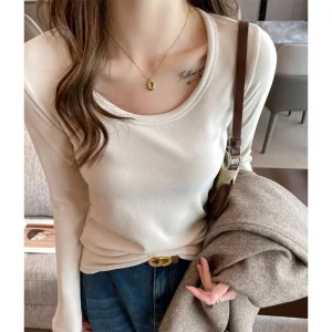 Autumn Winter French Temperament Semi High Neck Long Sleeved T-Shirts Women's Clothing Base Shirt T-shirt with Thick Velvet Tops